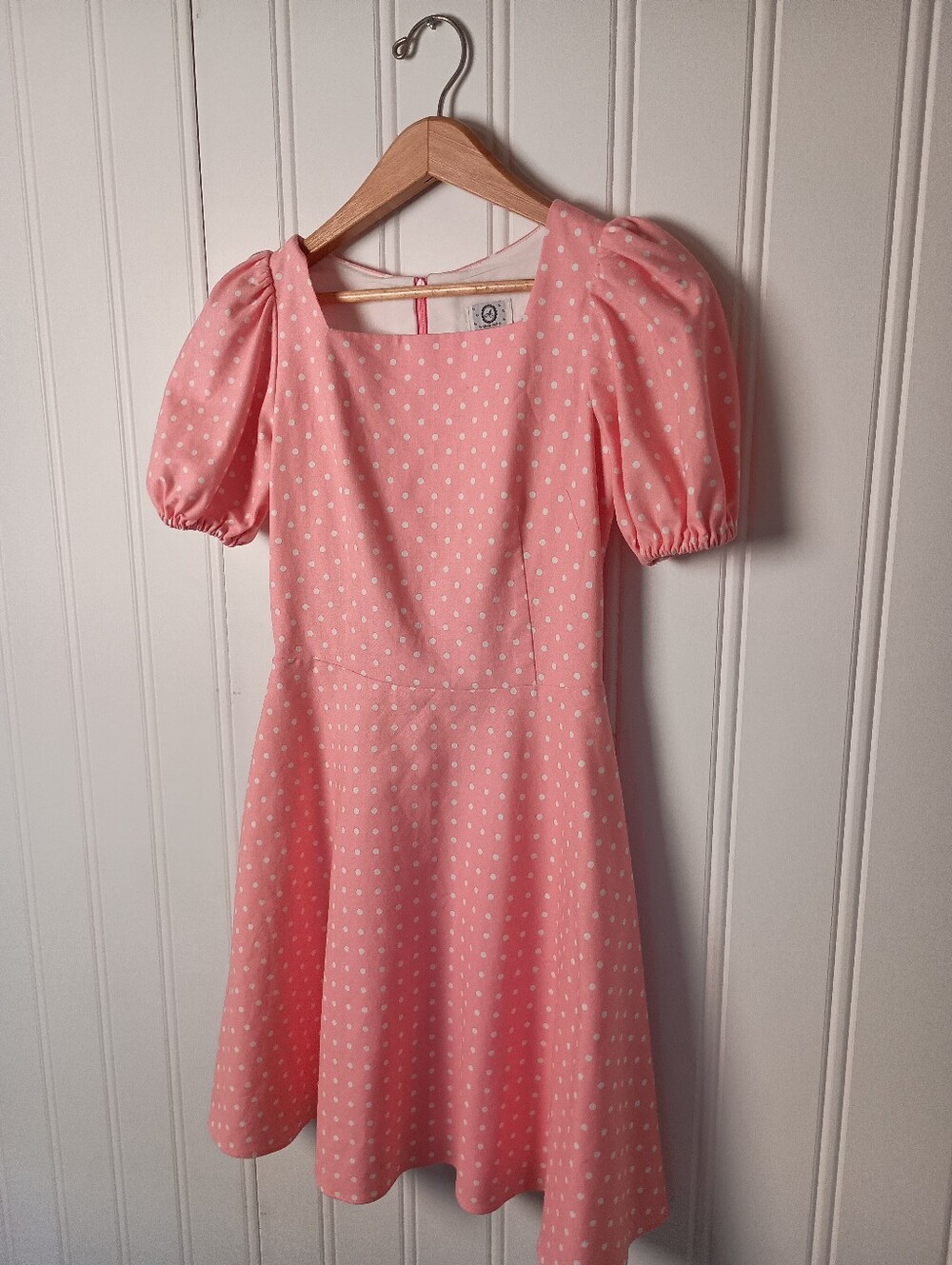 Handmade- Pink Polka Dot Puff-Sleeve Dress - Size S